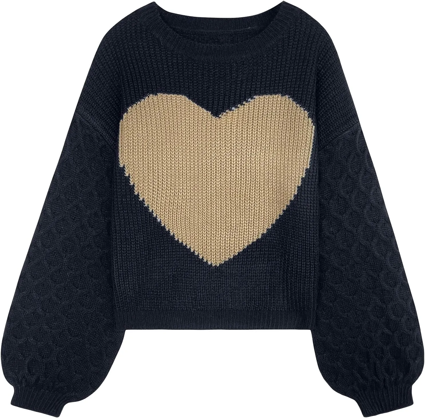 Womens Oversized Cute Heart Sweater Spring 2025 Lightweight Crewneck Cable Knit Sleeve Pullover Top