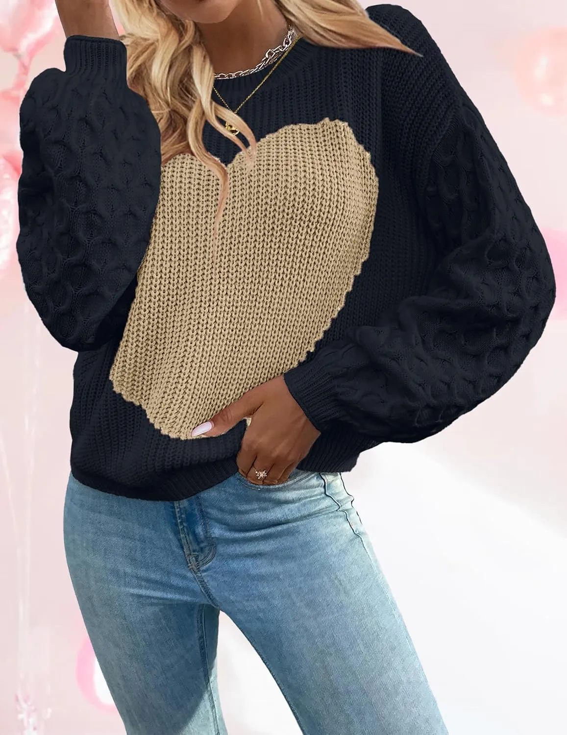 Womens Oversized Cute Heart Sweater Spring 2025 Lightweight Crewneck Cable Knit Sleeve Pullover Top