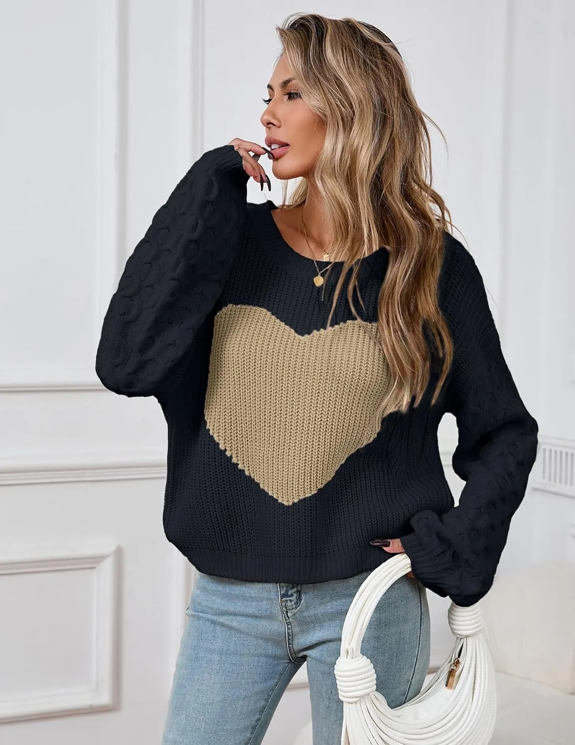 Womens Oversized Cute Heart Sweater Spring 2025 Lightweight Crewneck Cable Knit Sleeve Pullover Top