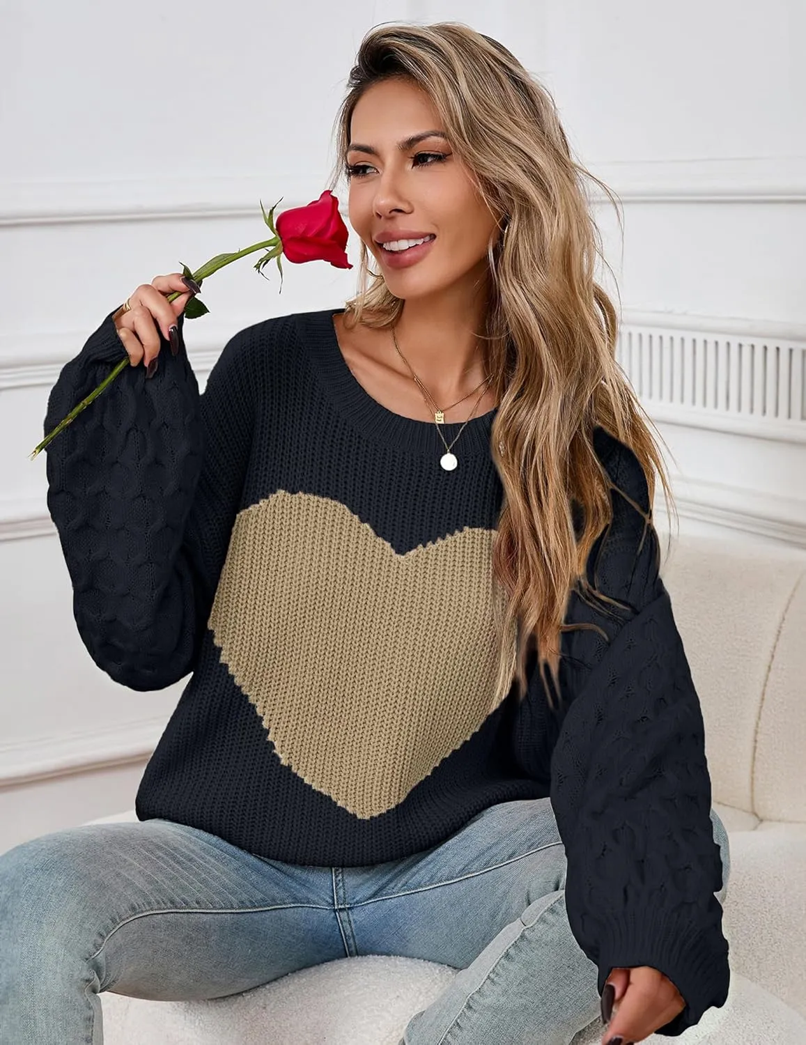 Womens Oversized Cute Heart Sweater Spring 2025 Lightweight Crewneck Cable Knit Sleeve Pullover Top