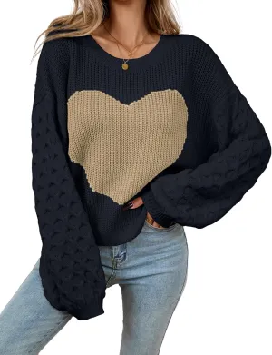 Womens Oversized Cute Heart Sweater Spring 2025 Lightweight Crewneck Cable Knit Sleeve Pullover Top