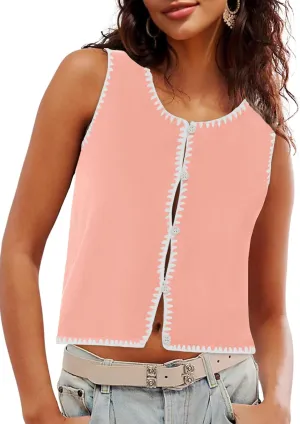 Womens Sweater Vest Sleeveless Button Down Tank Tops Spring Summer Cropped Cardigan 2025 Knit Top