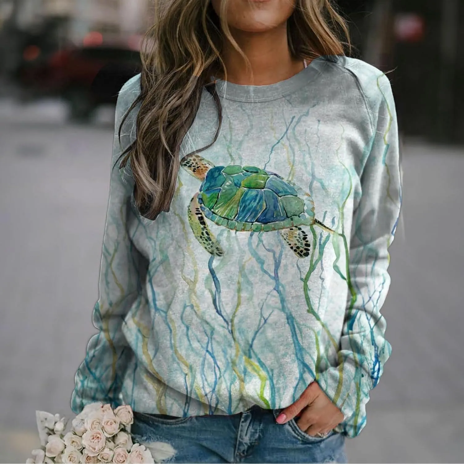 Womens Vintage Animal Print Long Sleeve Sweatshirt Lightweight Plus Size Western Ethnic Crewneck Pullover Top