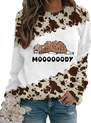 Womens Vintage Animal Print Long Sleeve Sweatshirt Lightweight Plus Size Western Ethnic Crewneck Pullover Top