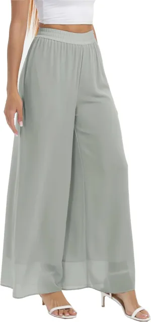 Yehopere Palazzo Pants for Women Dressy Flowy Chiffon Double Layers Summer Boho Wide Leg Casual Lounge Pants Trouser