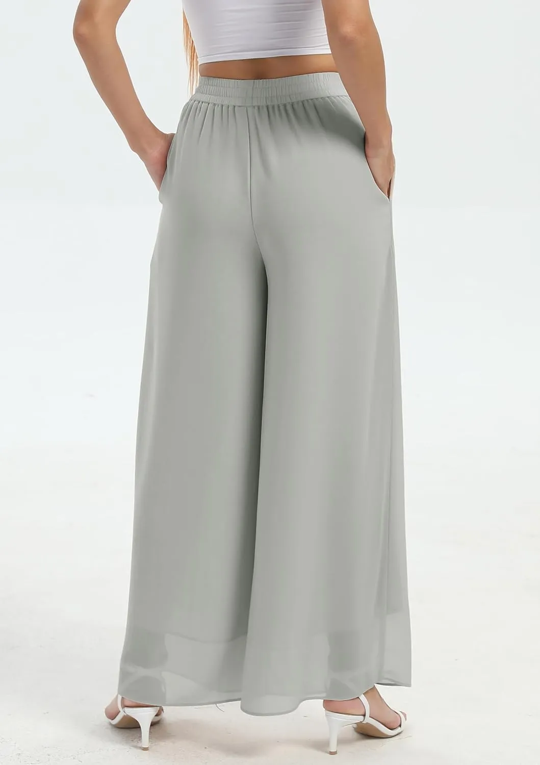 Yehopere Palazzo Pants for Women Dressy Flowy Chiffon Double Layers Summer Boho Wide Leg Casual Lounge Pants Trouser