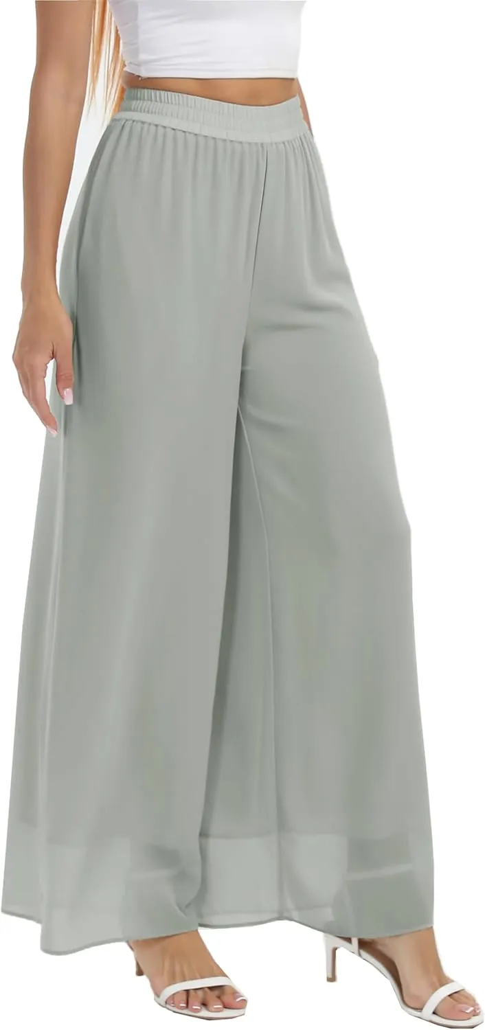 Yehopere Palazzo Pants for Women Dressy Flowy Chiffon Double Layers Summer Boho Wide Leg Casual Lounge Pants Trouser