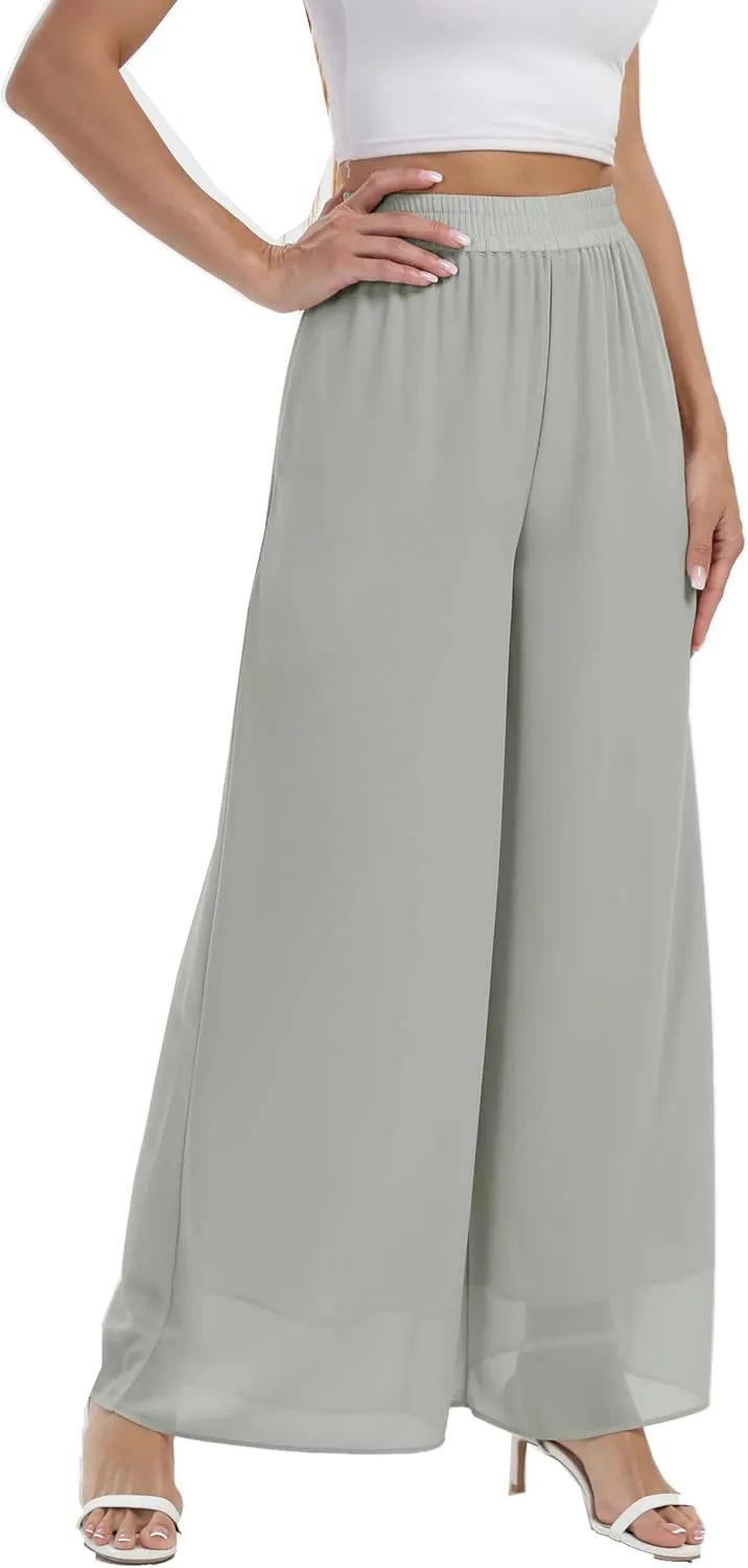 Yehopere Palazzo Pants for Women Dressy Flowy Chiffon Double Layers Summer Boho Wide Leg Casual Lounge Pants Trouser